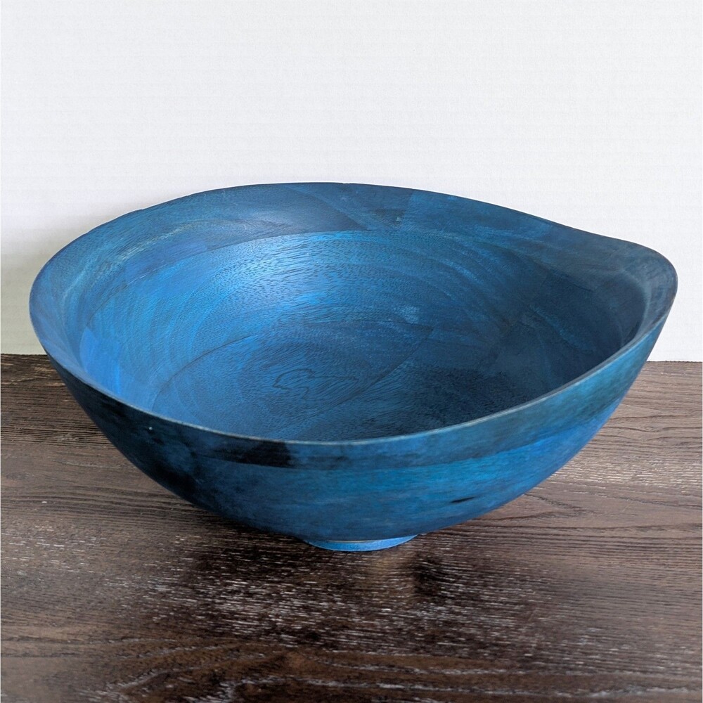 Anthropologie Hearthside Serving Fruit Bowl Wavy Rim Blue Mango Wood Rustic Boho